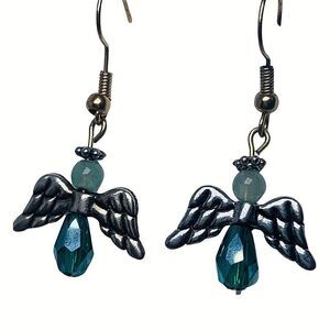Green Rhinestone Angel Dangle Earrings 1.5" Silver Angelcore Trendy